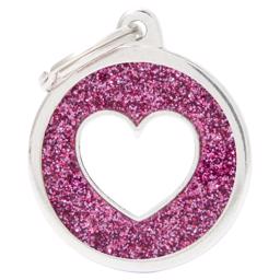 My Family Large Dog Tag Shine Pink Glitter Circle med vitt hjärta